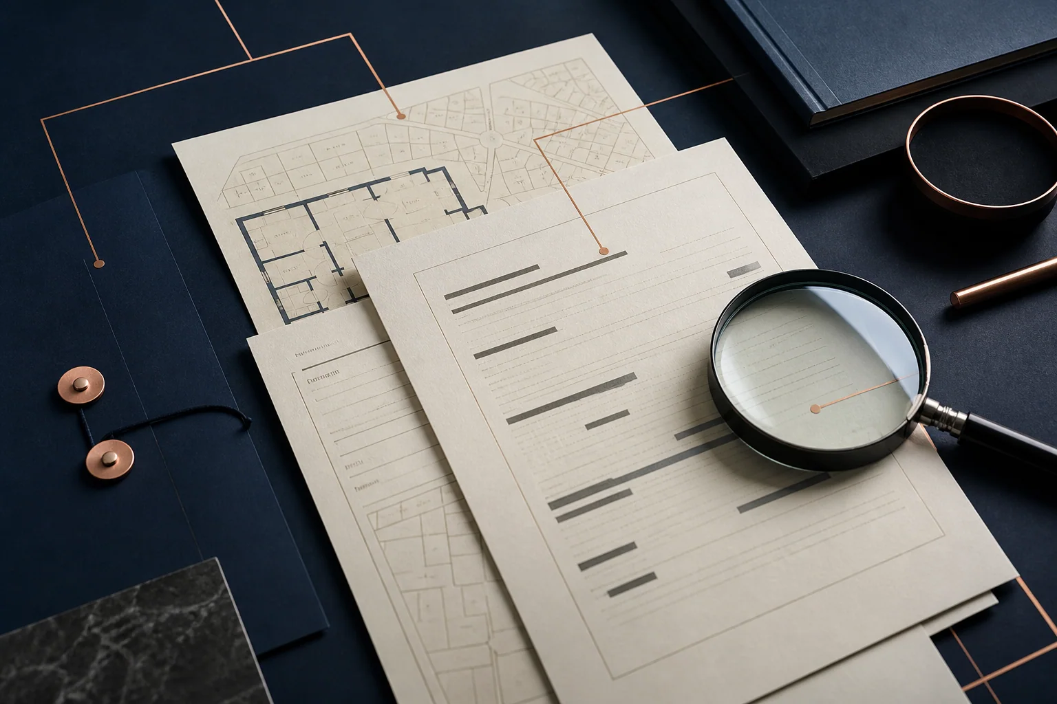 Documentos y plano inmobiliario organizados para una revisión jurídica